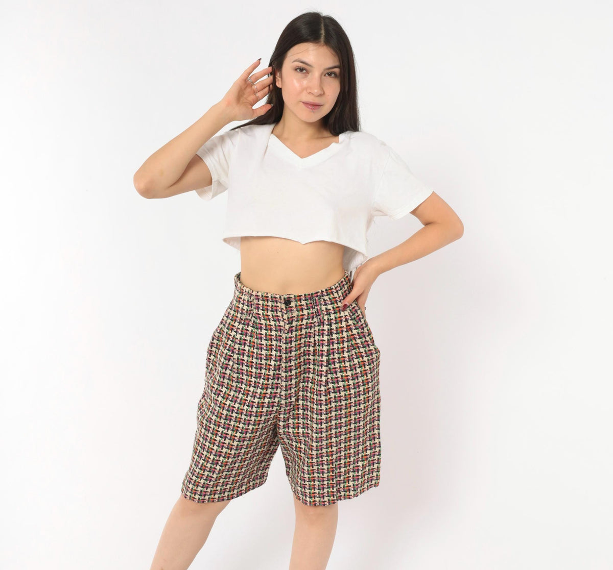 90s For Pete's Sake Houndstooth Pleated Bermuda Shorts Multicolor Linen Small