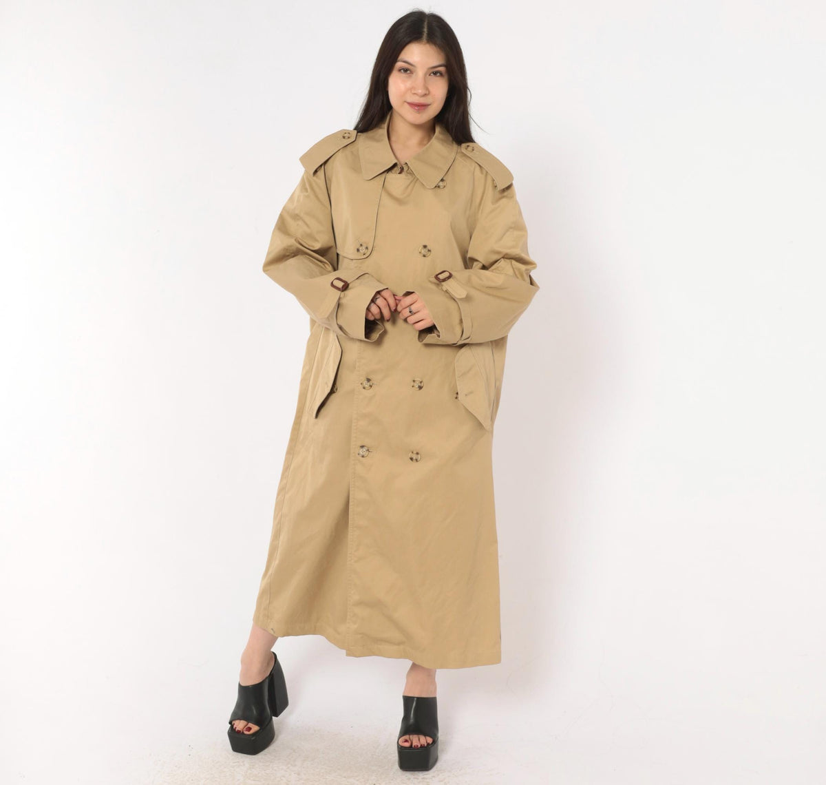 80s Tan Trench Coat Double Breasted Nova Check Lining Mens Medium