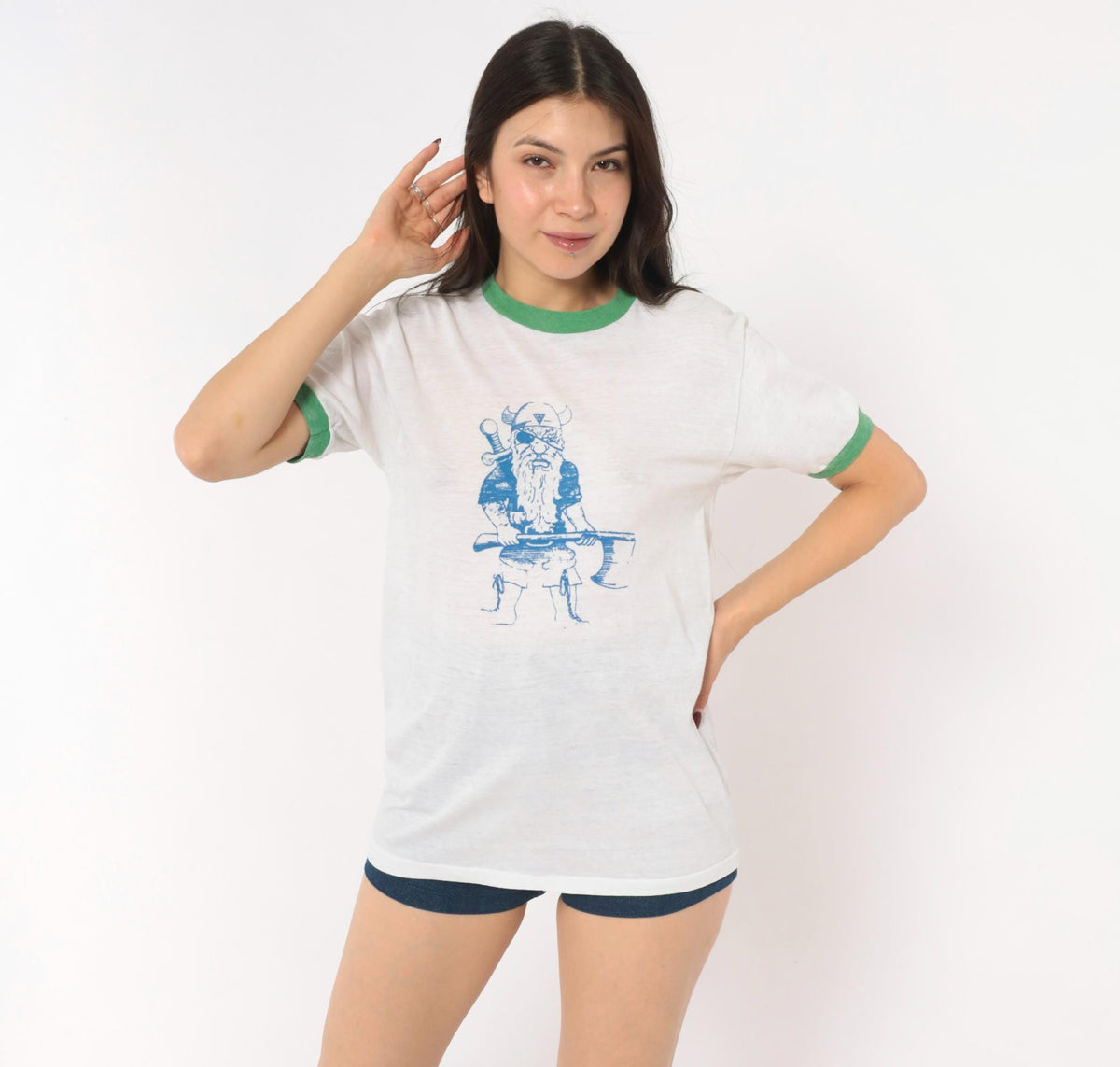 80s Sport-T Viking Ringer Tee White Green Trim Graphic Medium M