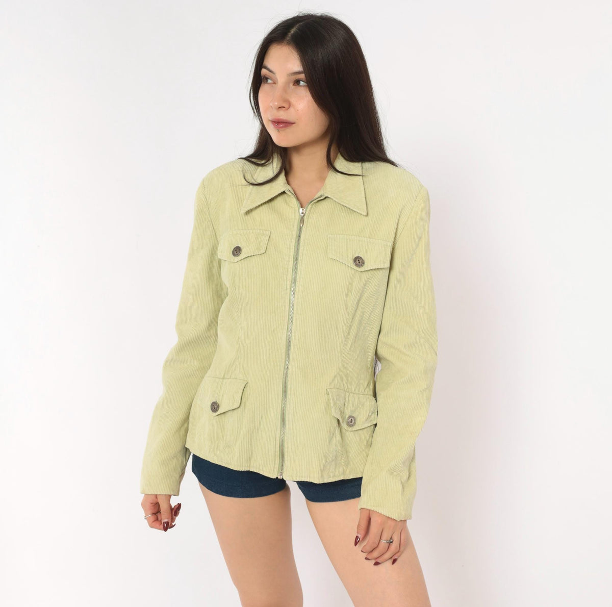 Y2K Rubbish Sage Corduroy Jacket Pointed Collar Four Pocket Mint Green Large L