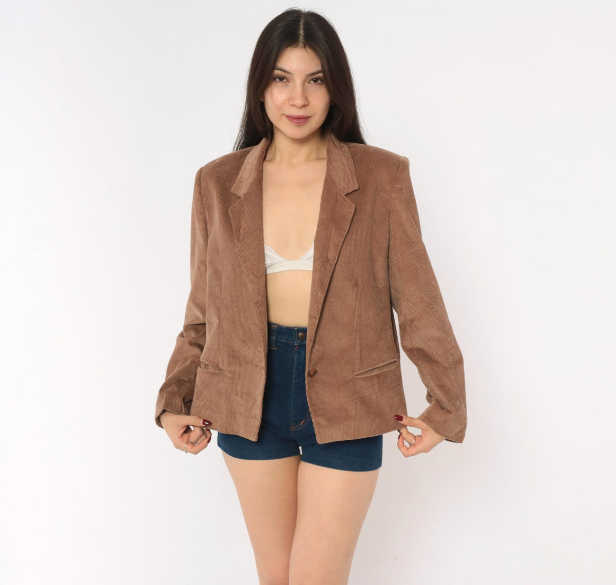 80s Panther Corduroy Blazer Mauve-Brown Notched Lapel Cotton Medium M