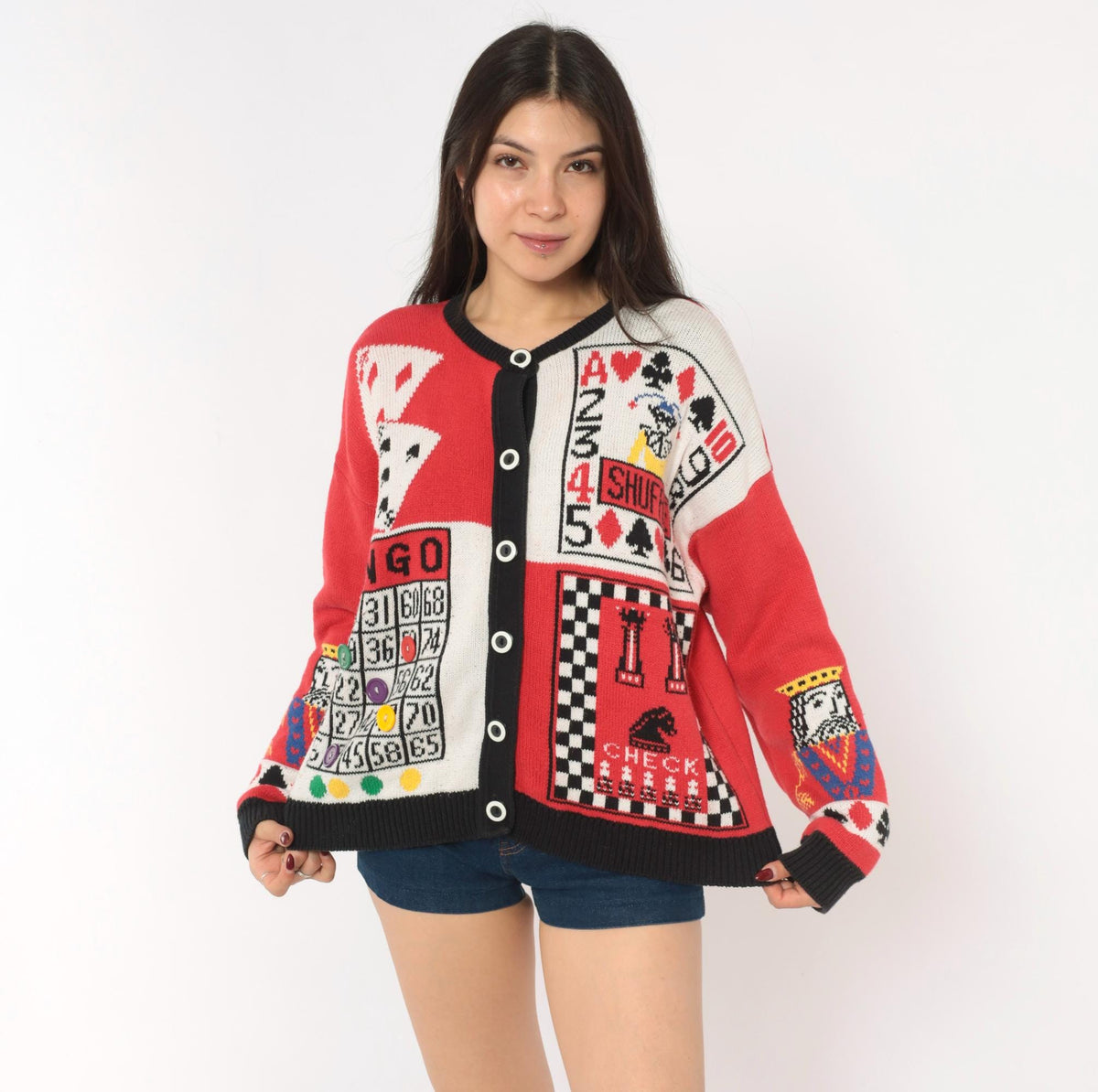 90s Casual Corner Cardigan Red Black Game Night Novelty Knit Large L