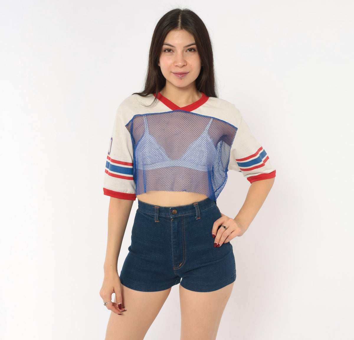 80s Indy Knit Mesh Crop Top Blue Red Stripe V-Neck Athletic Jersey Extra Large