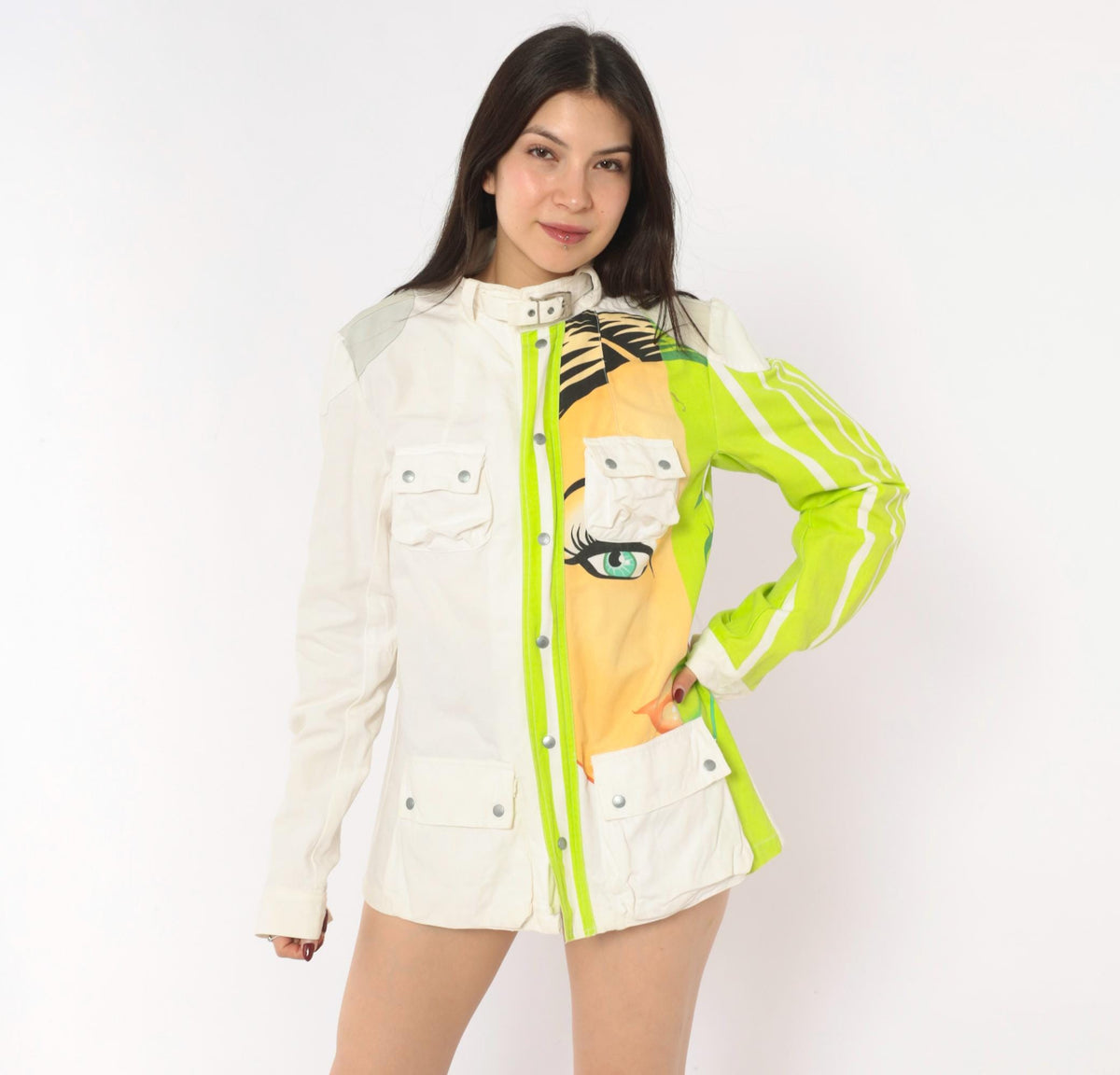 Y2K Custo Barcelona Pop Art Face Jacket White Lime Green Cotton Small S
