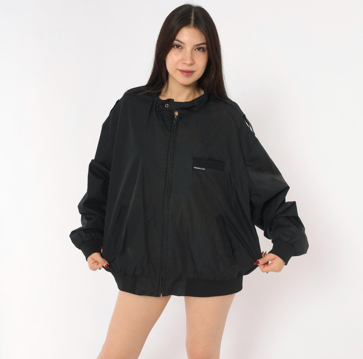 90s Members Only Bomber Jacket Black Nylon Stand Collar Extra Large XL