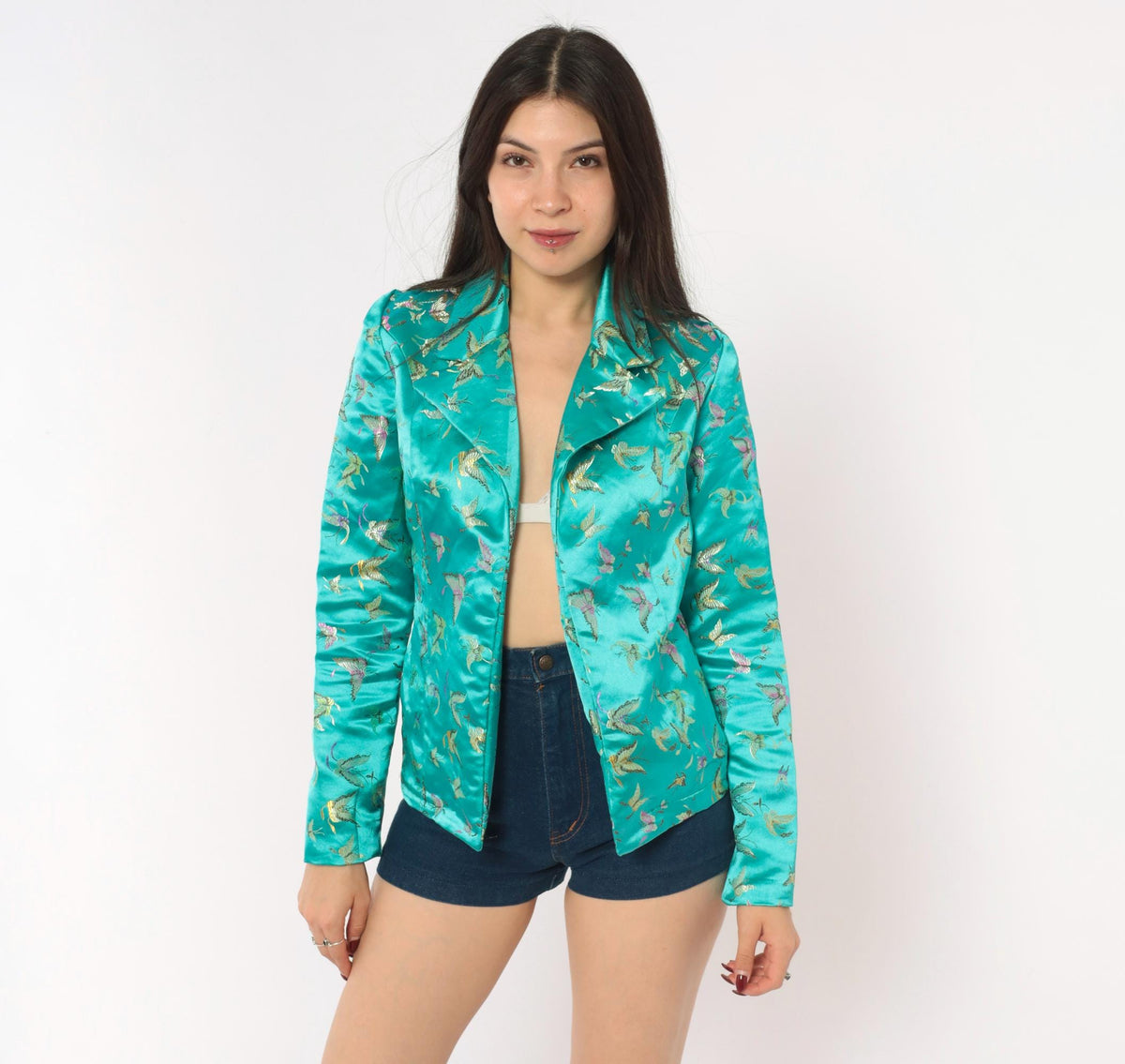 90s Teal Satin Brocade Blazer Butterfly Bird Embroidered XS