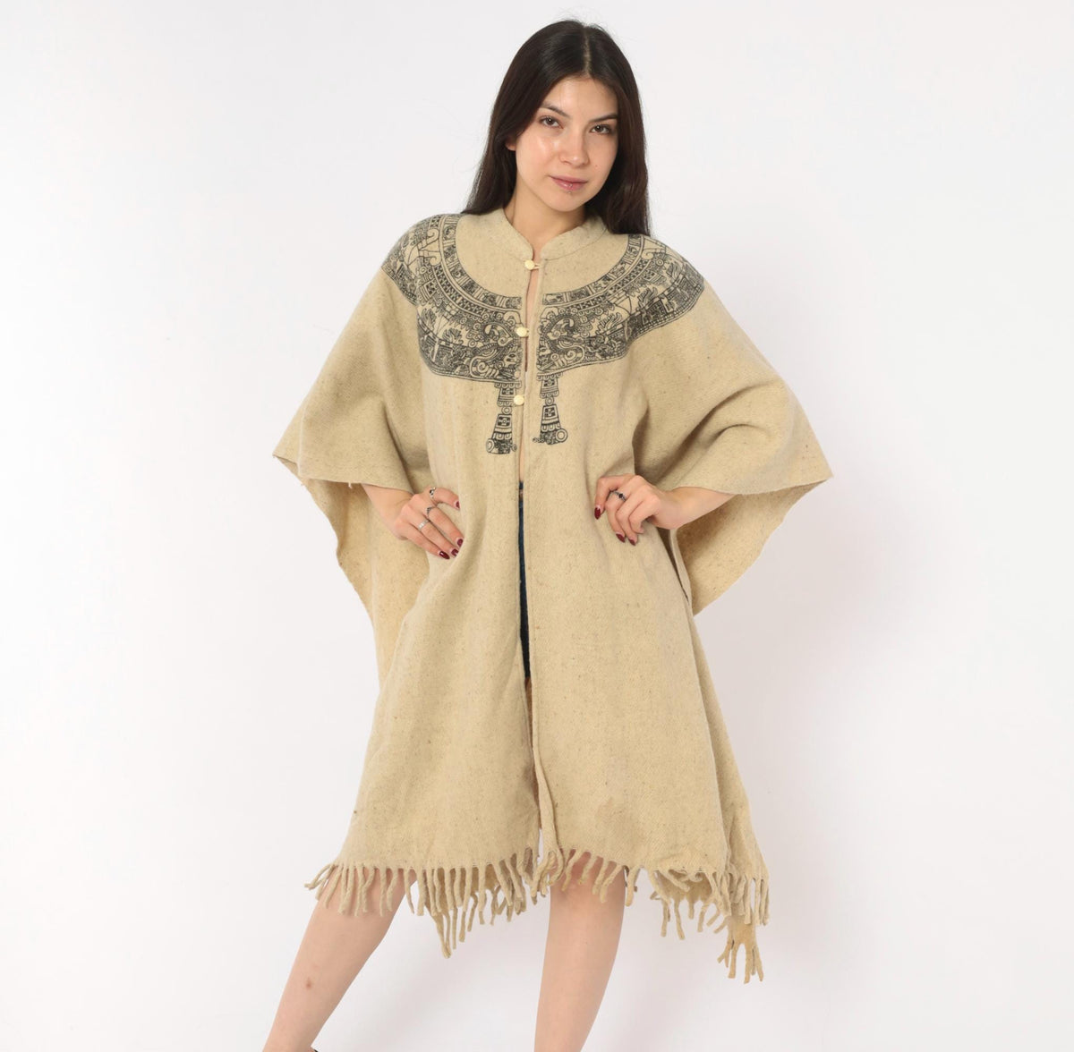 90s Aztec Calendar Wool Blend Poncho Cream Mandarin Collar Fringe Hem