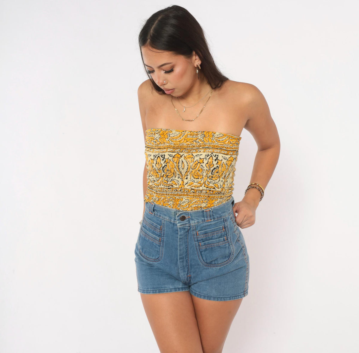 70s Yellow Mustard Block Print Smocked Tube Top Strapless Crop Cotton Extra Small
