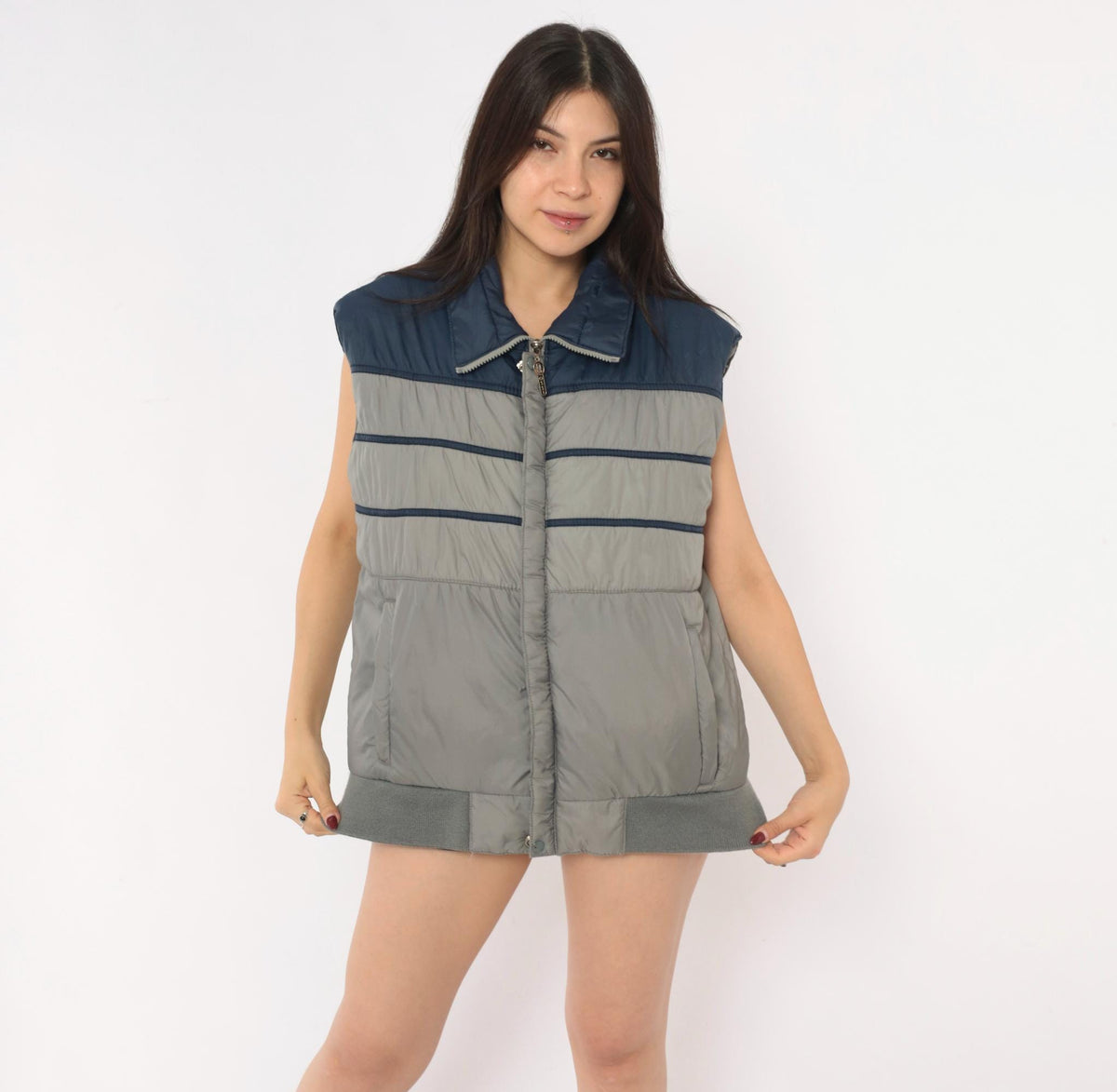 80s Ossi Navy Grey Color Block Puffer Vest Quilted Mens Medium