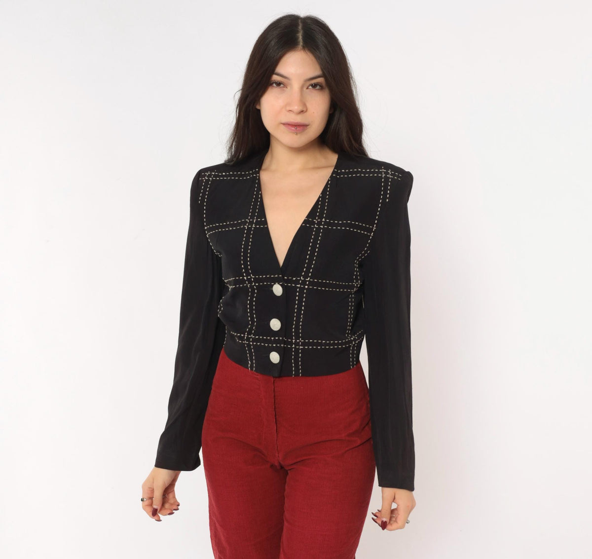 90s Karen Kane Cropped Blazer Black White Grid Stitch V-Neck Extra Small XS