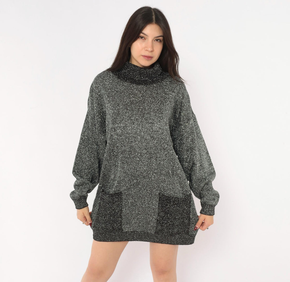 80s Black Silver Lurex Knit Mini Dress Cowl Turtleneck Balloon Sleeve Medium
