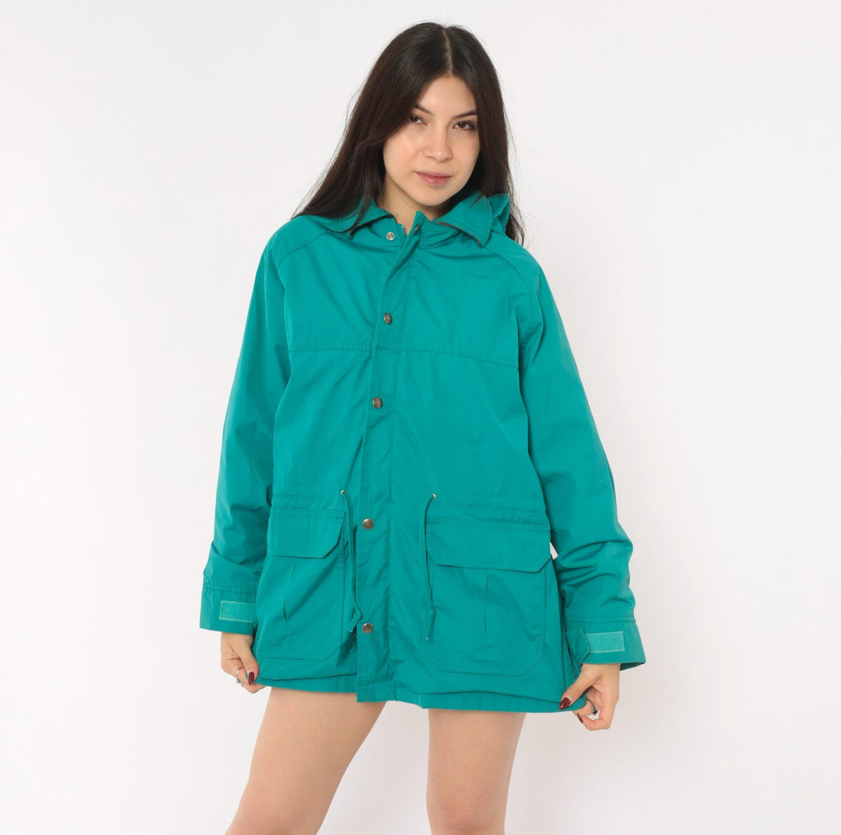 80s Woolrich Teal Hooded Parka Plaid Lined Windbreaker Small
