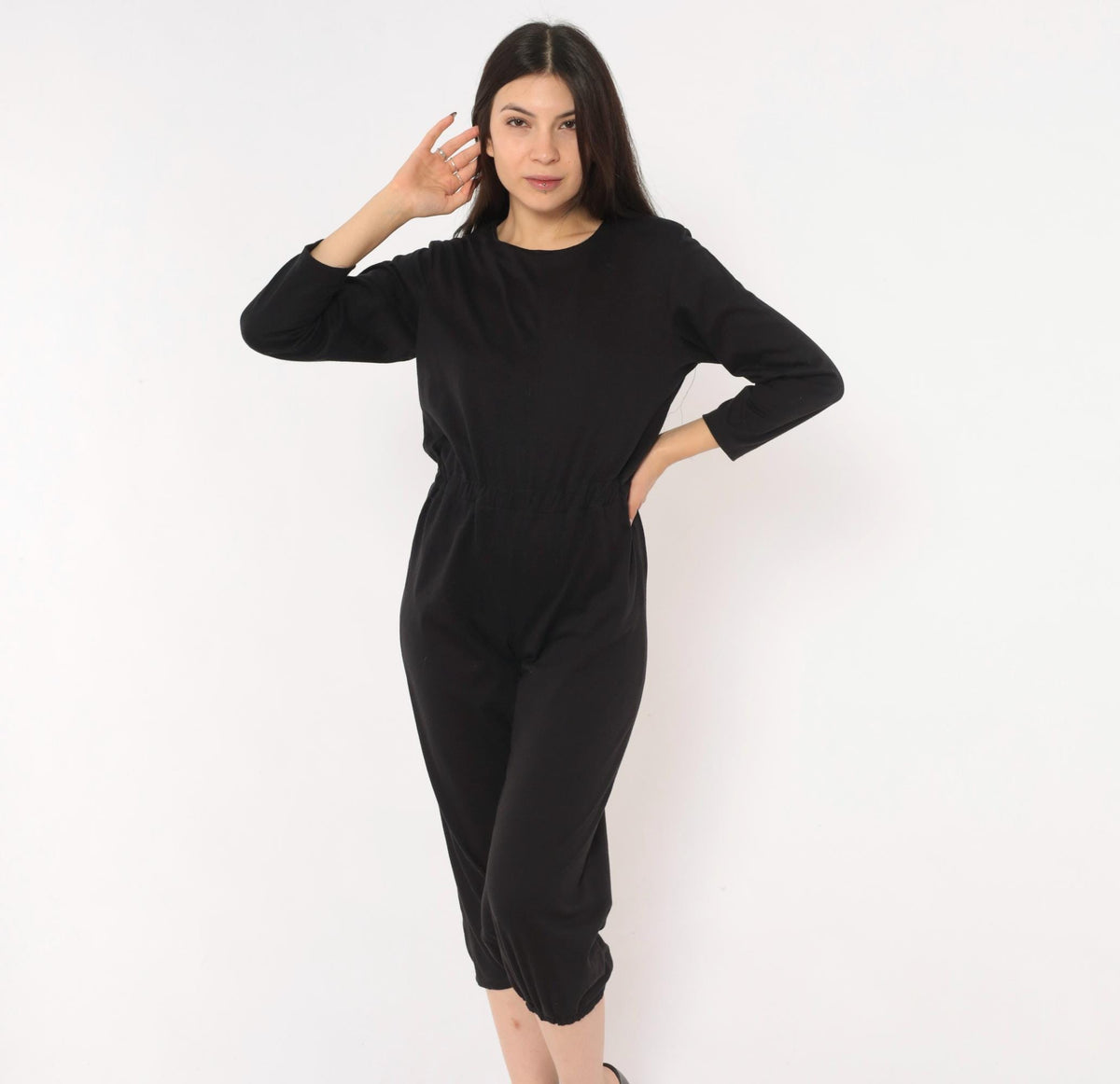 80s Black Jumpsuit Cropped Leg Three Quarter Sleeve Scoop Neck Small
