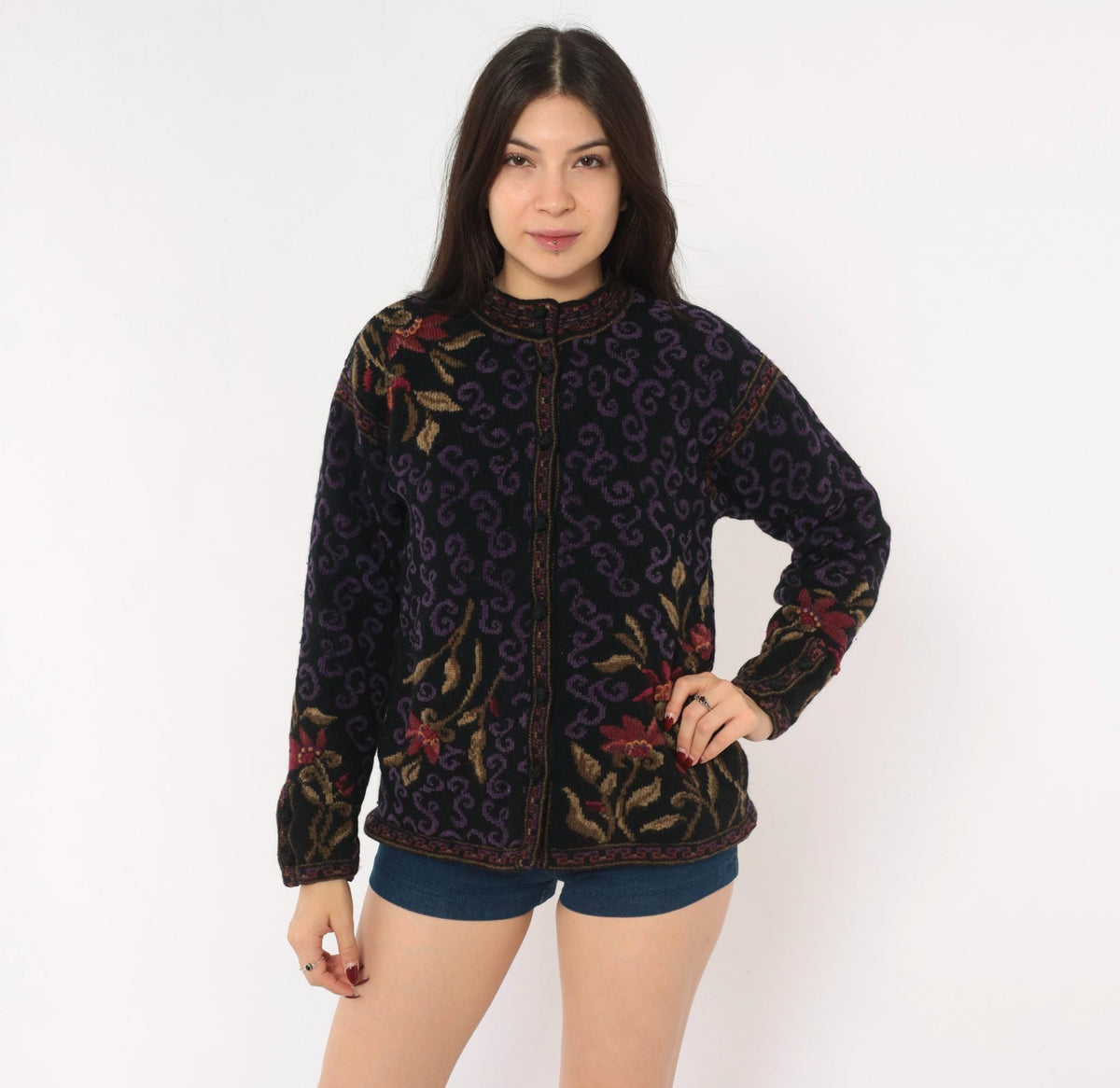 80s Icelandic Design Wool Cardigan Black Purple Floral Jacquard Small