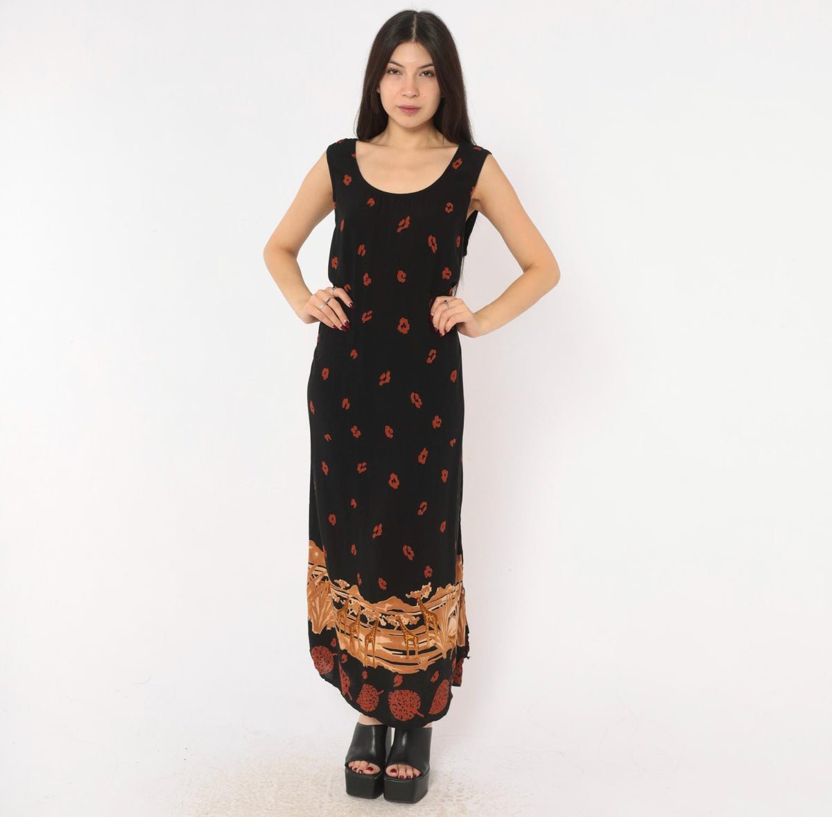 90s K Woman Safari Giraffe Maxi Dress Black Animal Print Tie Back Plus Size 1X