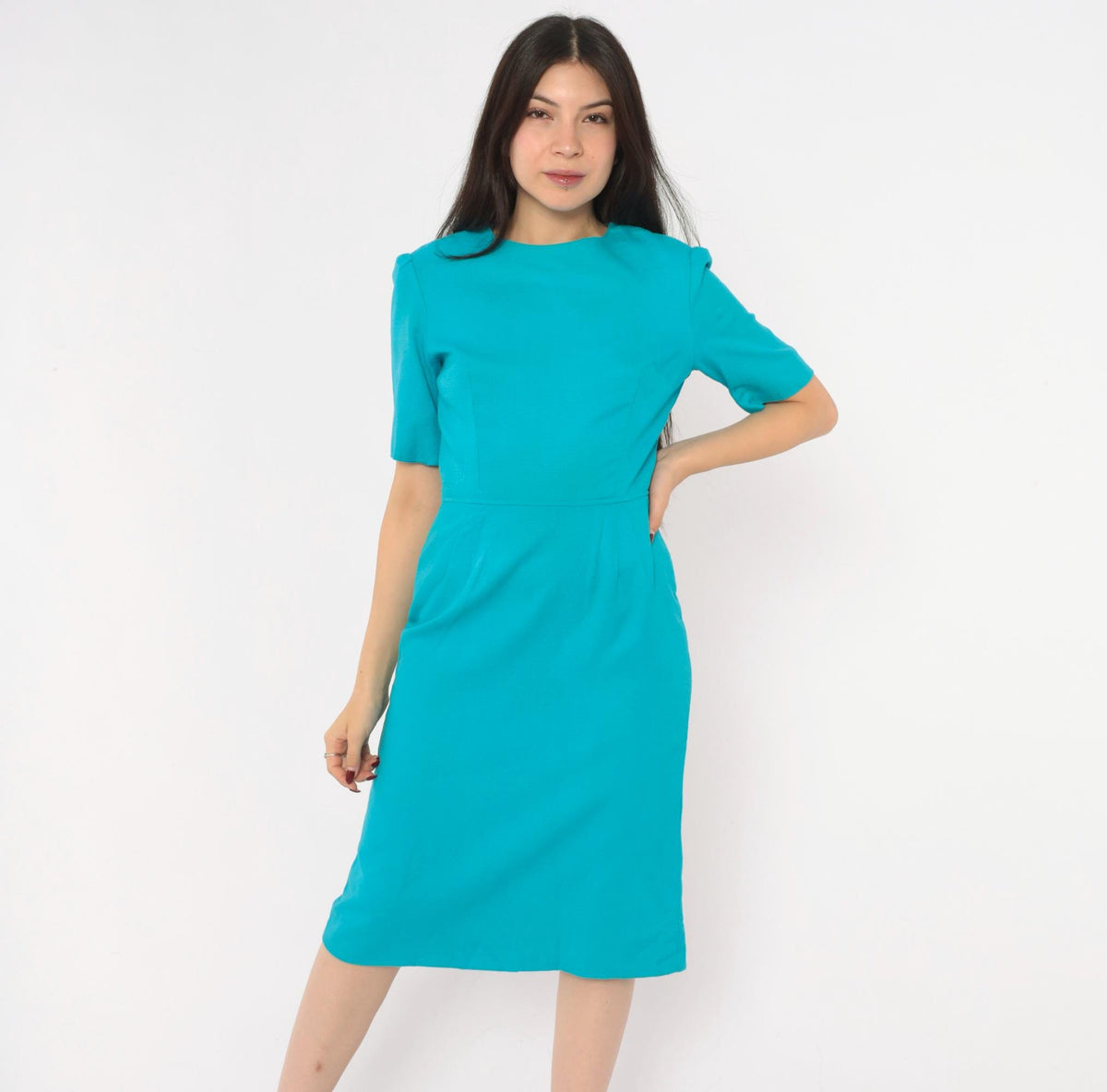 60s Teal Sheath Dress Puff Sleeve Back Zipper Knee Length Extra Small