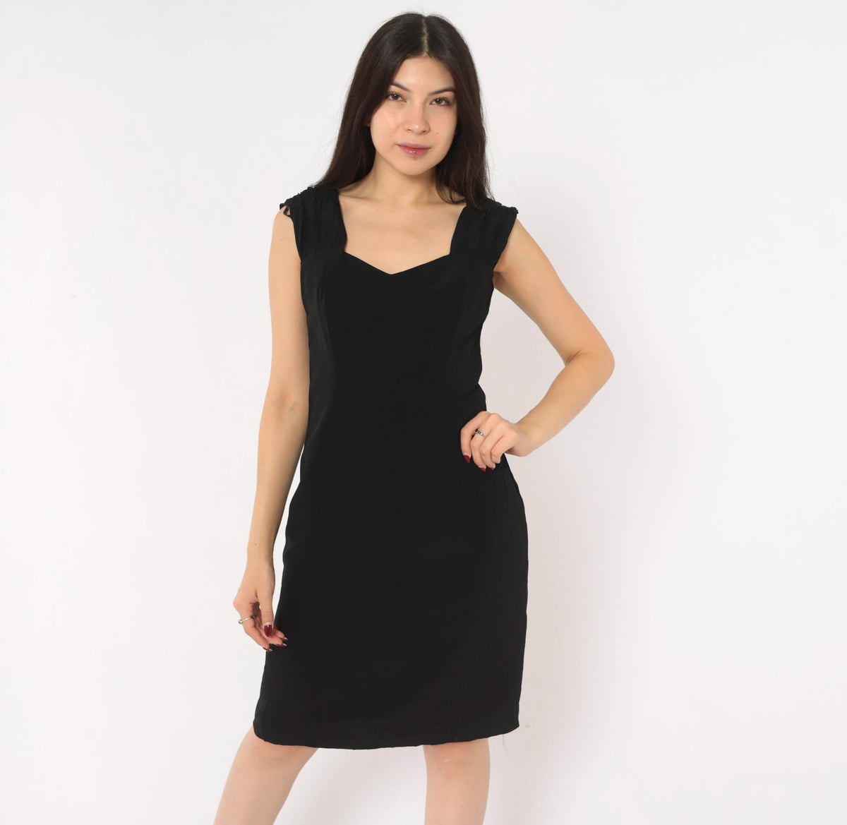 90s Maggy London Black Sweetheart Neckline Dress Cap Sleeve Small