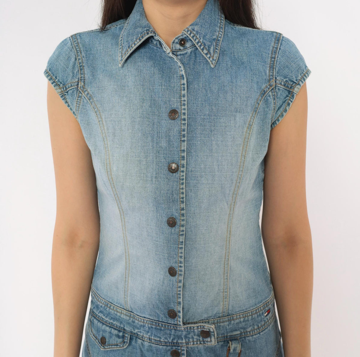 Tommy Jeans Y2K Light Wash Denim Mini Dress Snap Button Small S