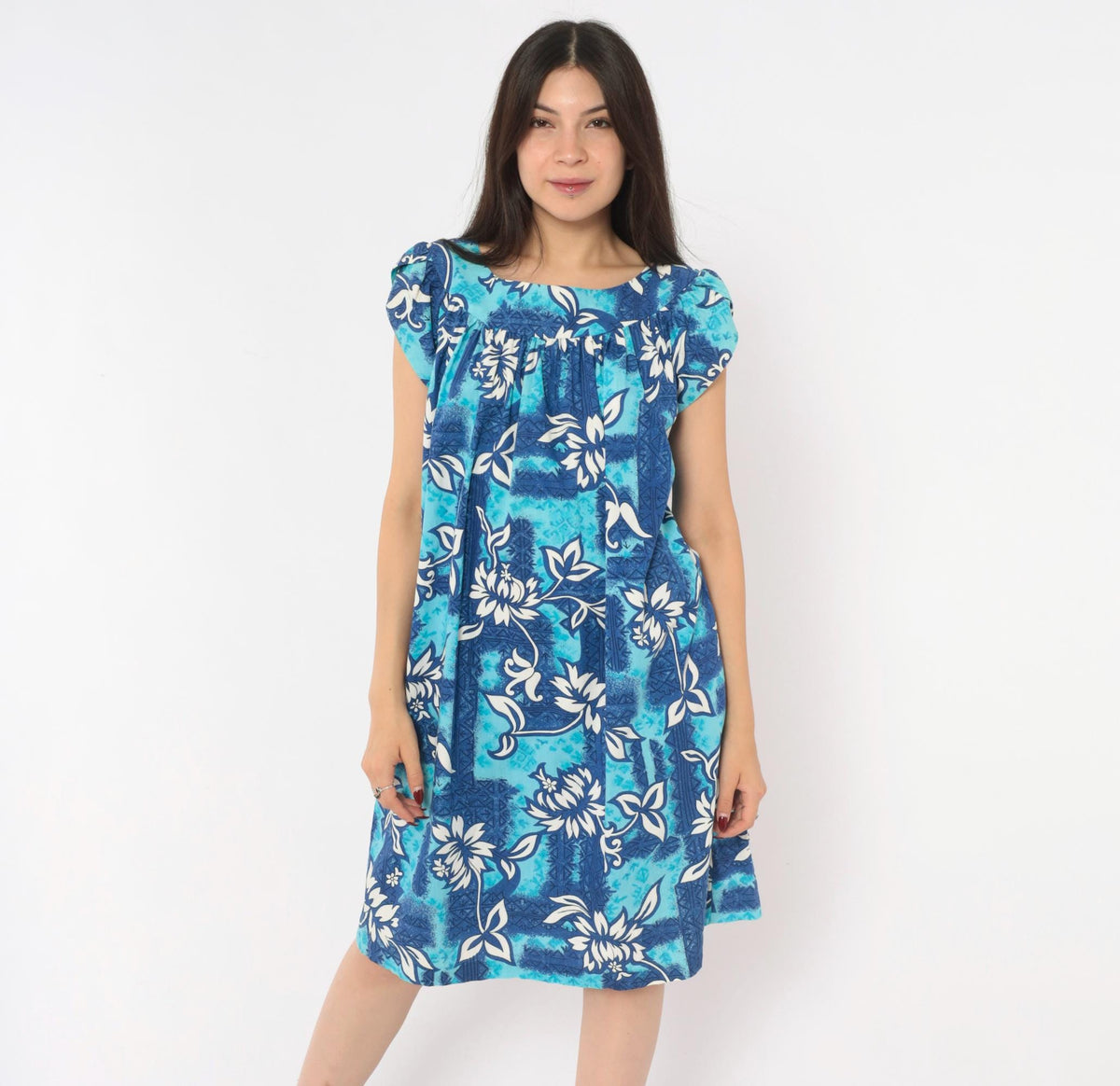 80s Made In Hawaii Muumuu Dress Blue Floral Cotton Knee-Length Medium
