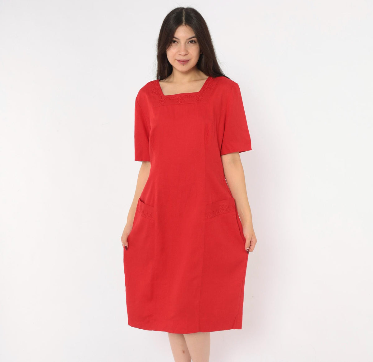 80s Lanz Originals Red Shift Dress Square Neck Soutache Embroidery Large L