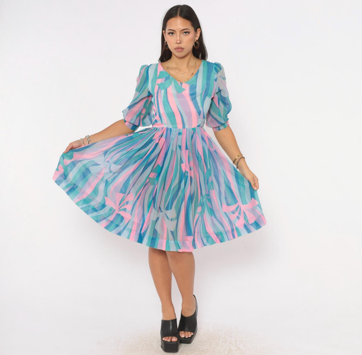 60s Mod Abstract Swirl Print Dress Teal Pink Puff Sleeve V Neck Small