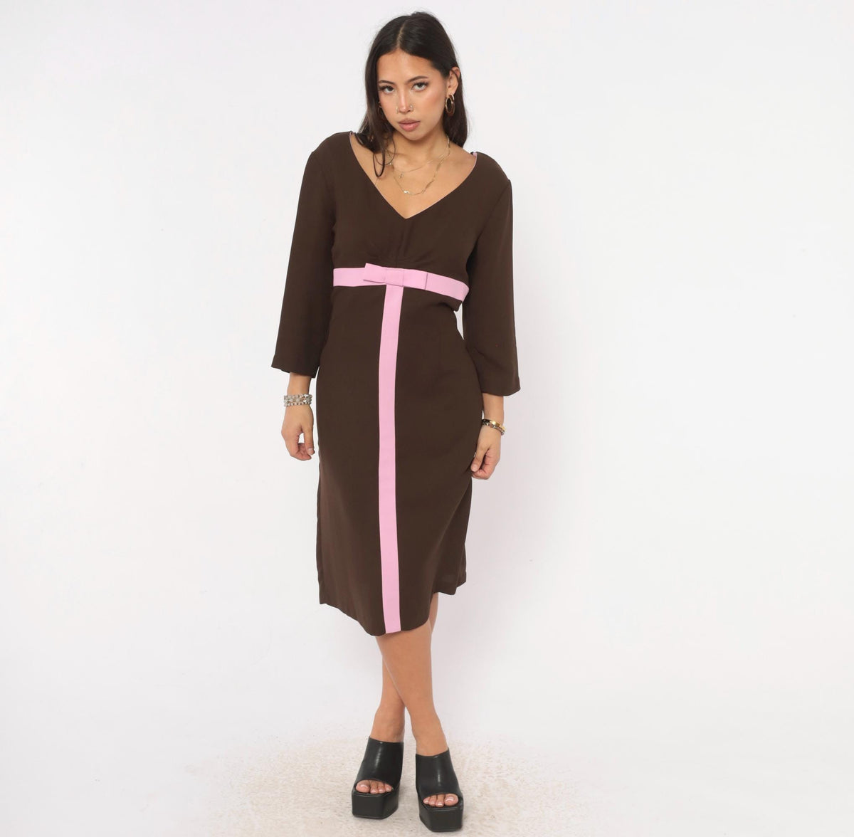 Y2K Robbie Bee Brown Midi Dress Pink Bow Belt V-Neck Empire Waist Large L