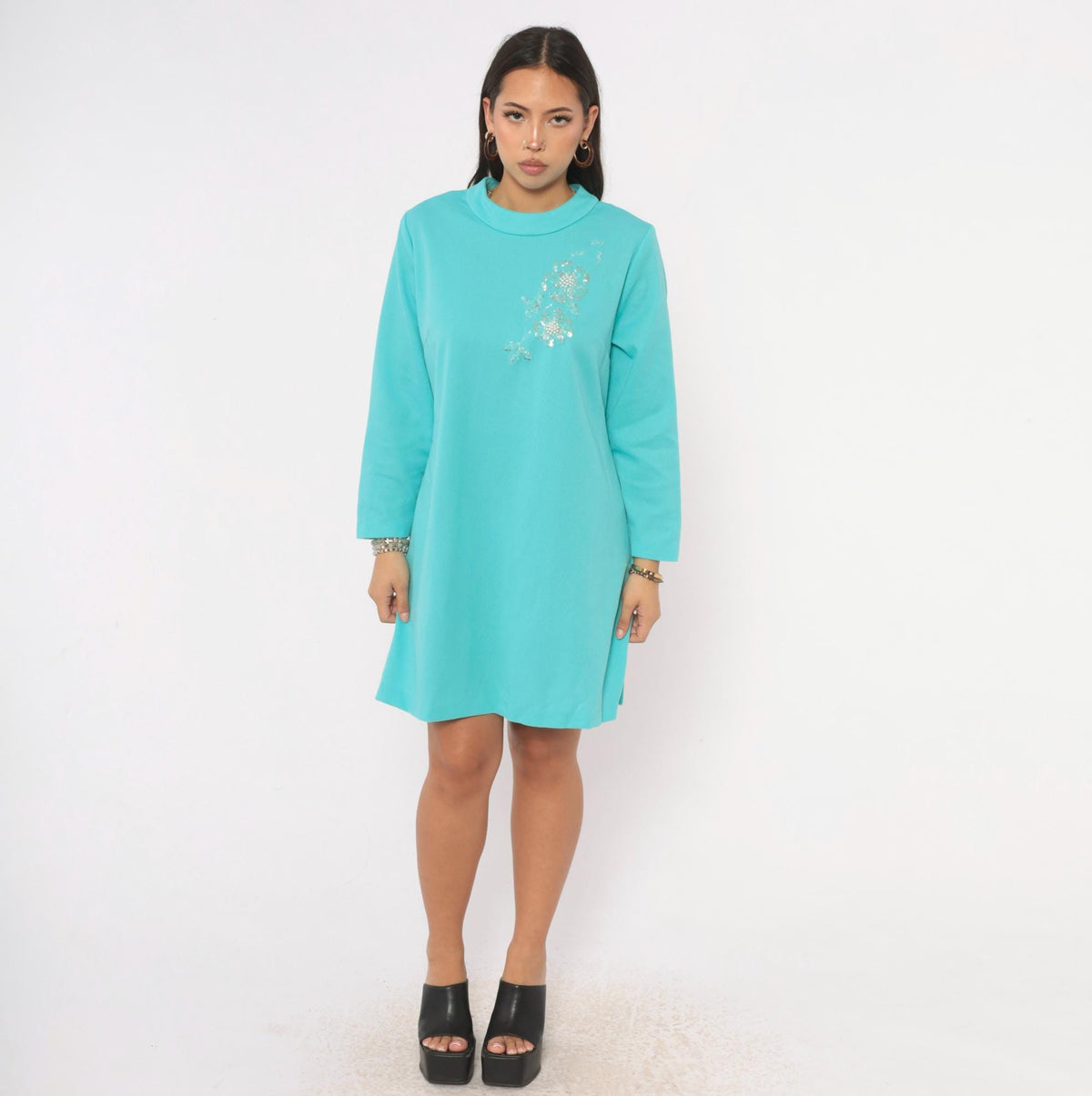 70s Teal Shift Dress Beaded Sequin Floral Mock Neck Long Sleeve A-Line Plus Size Extra Large