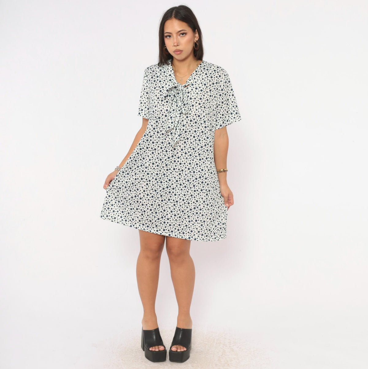 70s Lady Laura Navy White Polka Dot Shift Dress Tie Front Knee Length Extra Large
