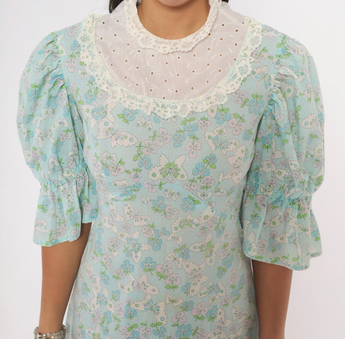 70s Light Blue Butterfly Print Cotton Dress Puff Sleeve Eyelet Lace Yoke Small