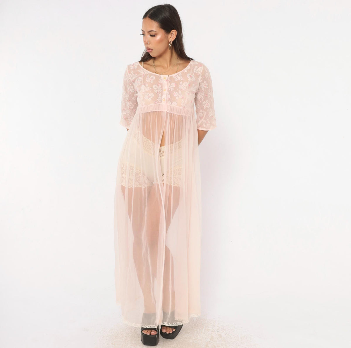 70s Miss Elaine Pink Sheer Peignoir Maxi Robe Lace Embroidered Extra Small