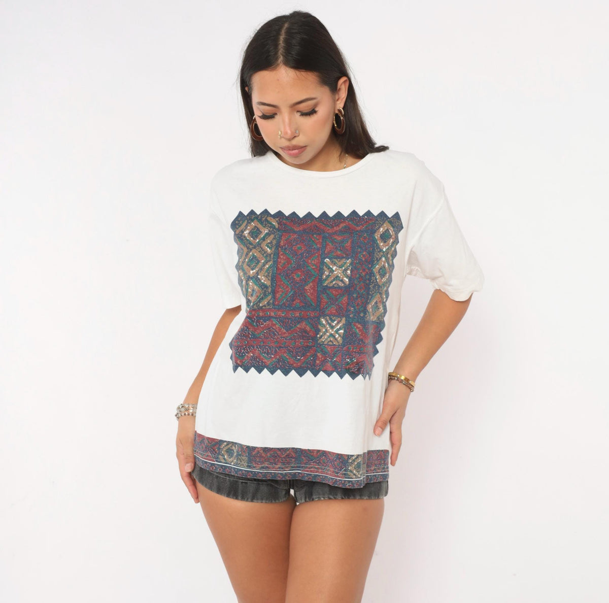 90s Southwestern Tapestry Graphic Tee White Cotton Geometric Burgundy Large L