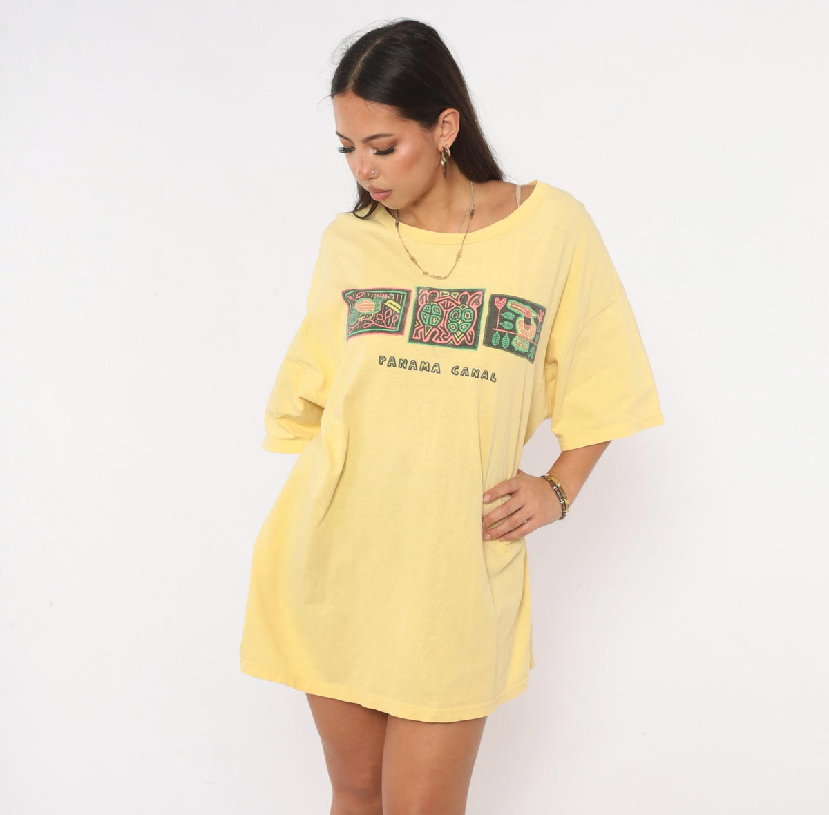 90s Panama Canal Souvenir Tee Yellow Cotton Toucan Turtle Bird Graphic Extra Large