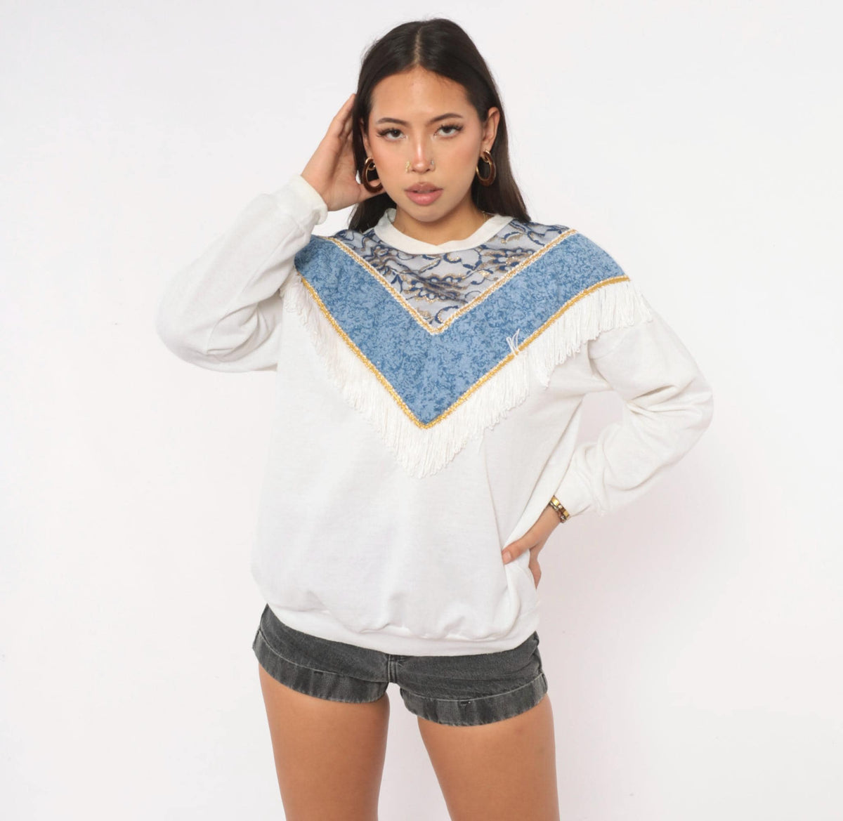 90s Stepping-Up White Fringe Sweatshirt Blue Tapestry Yoke Gold Trim Medium
