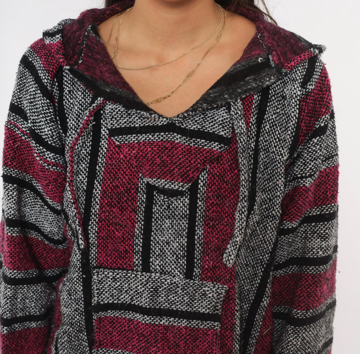 90s Baja Hoodie Pink Black Grey Striped Woven Pullover Large L