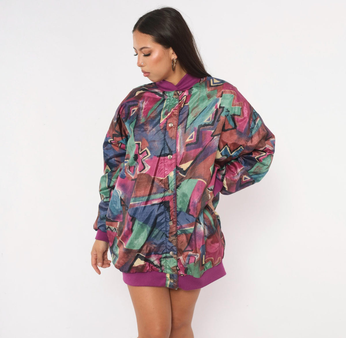 80s Abstract Reversible Bomber Jacket Purple Green Geometric Snap Front Medium