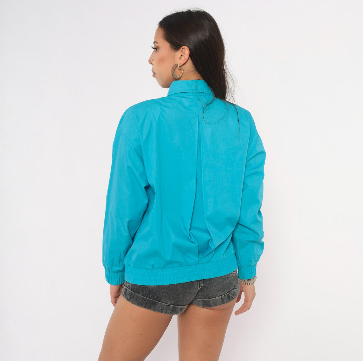 80s Koret Petites Teal Bomber Jacket Snap Front Pointed Collar Small S
