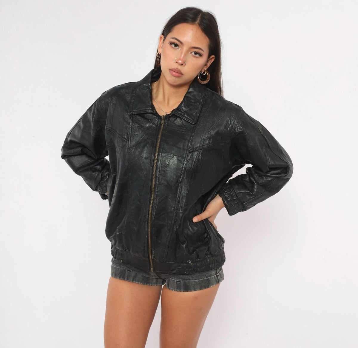 90s Italian Stone Design Black Leather Patchwork Bomber Jacket Small S