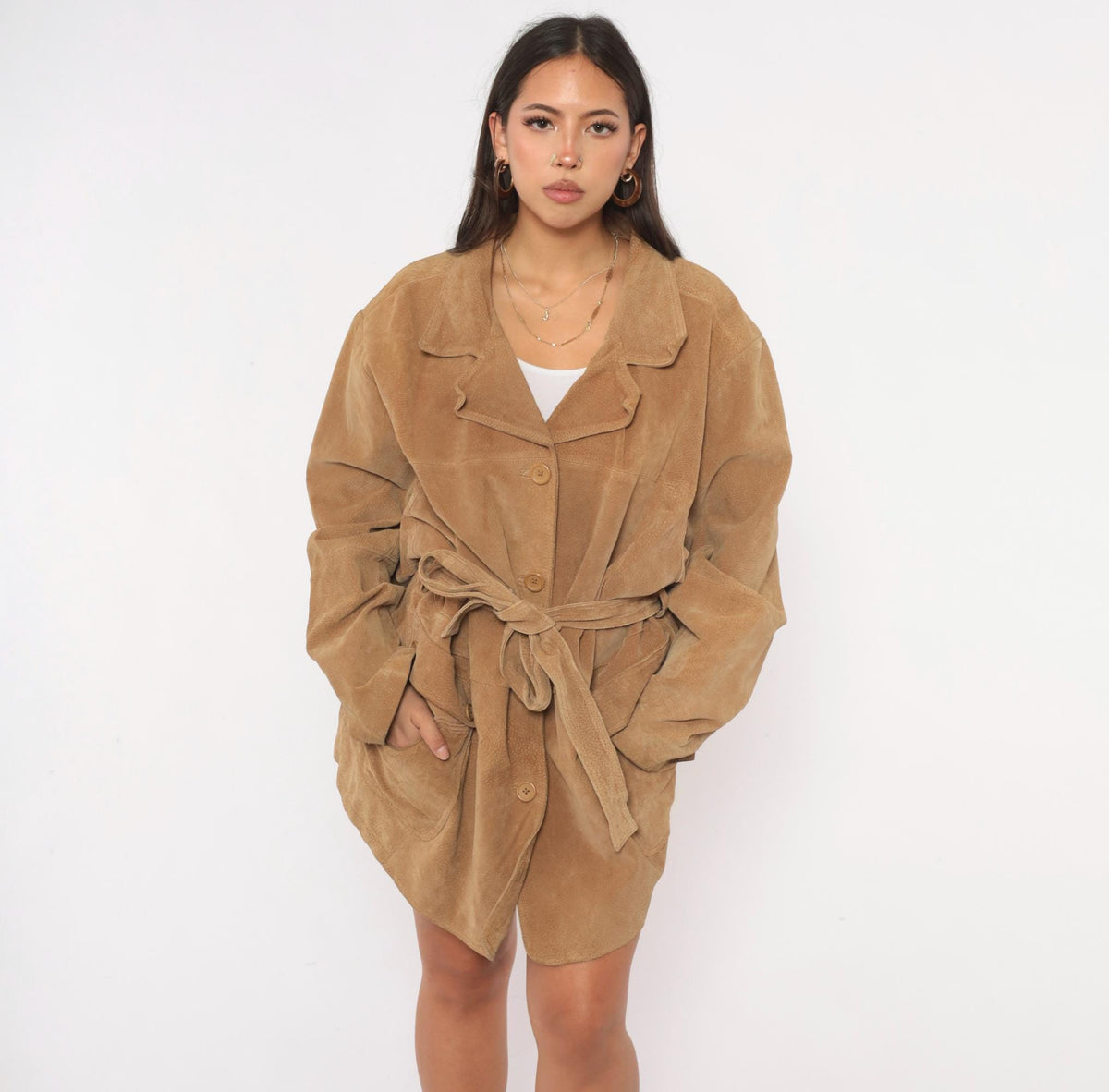 00s Concepts Tan Suede Jacket Belted Button Front Notched Collar Plus Size 3X