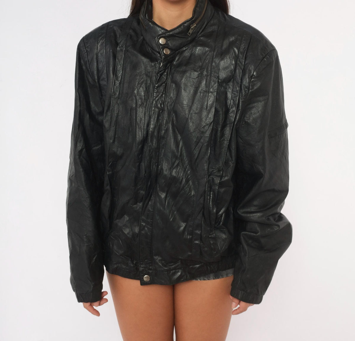 90s Black Leather Bomber Jacket Golden Collection Raffaelo Moto Boxy Medium