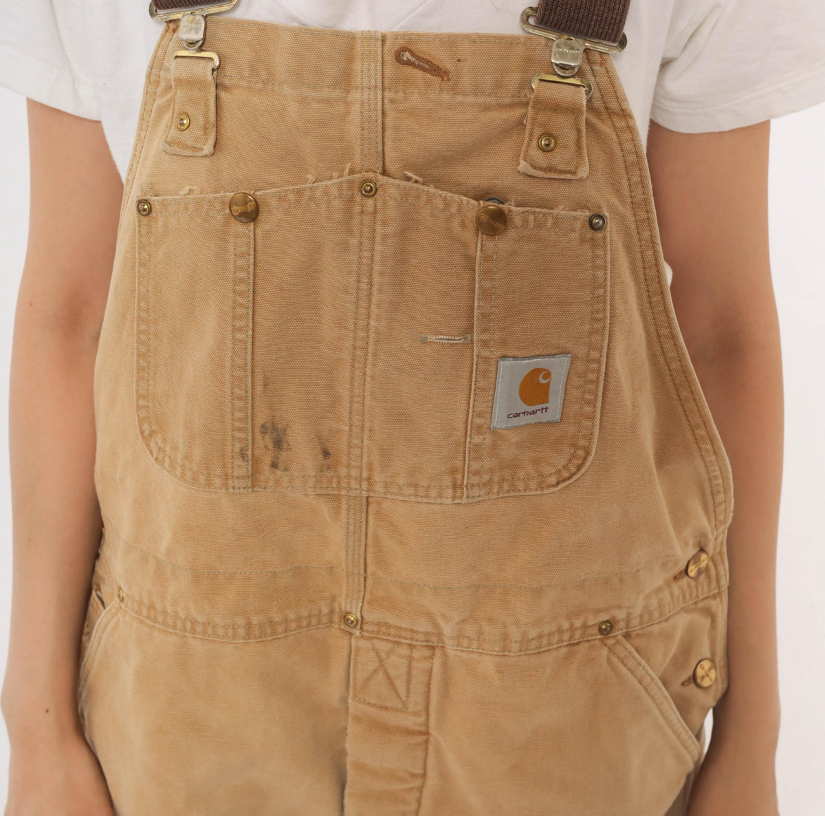 90s Carhartt Tan Duck Canvas Bib Overalls Distressed Workwear Small