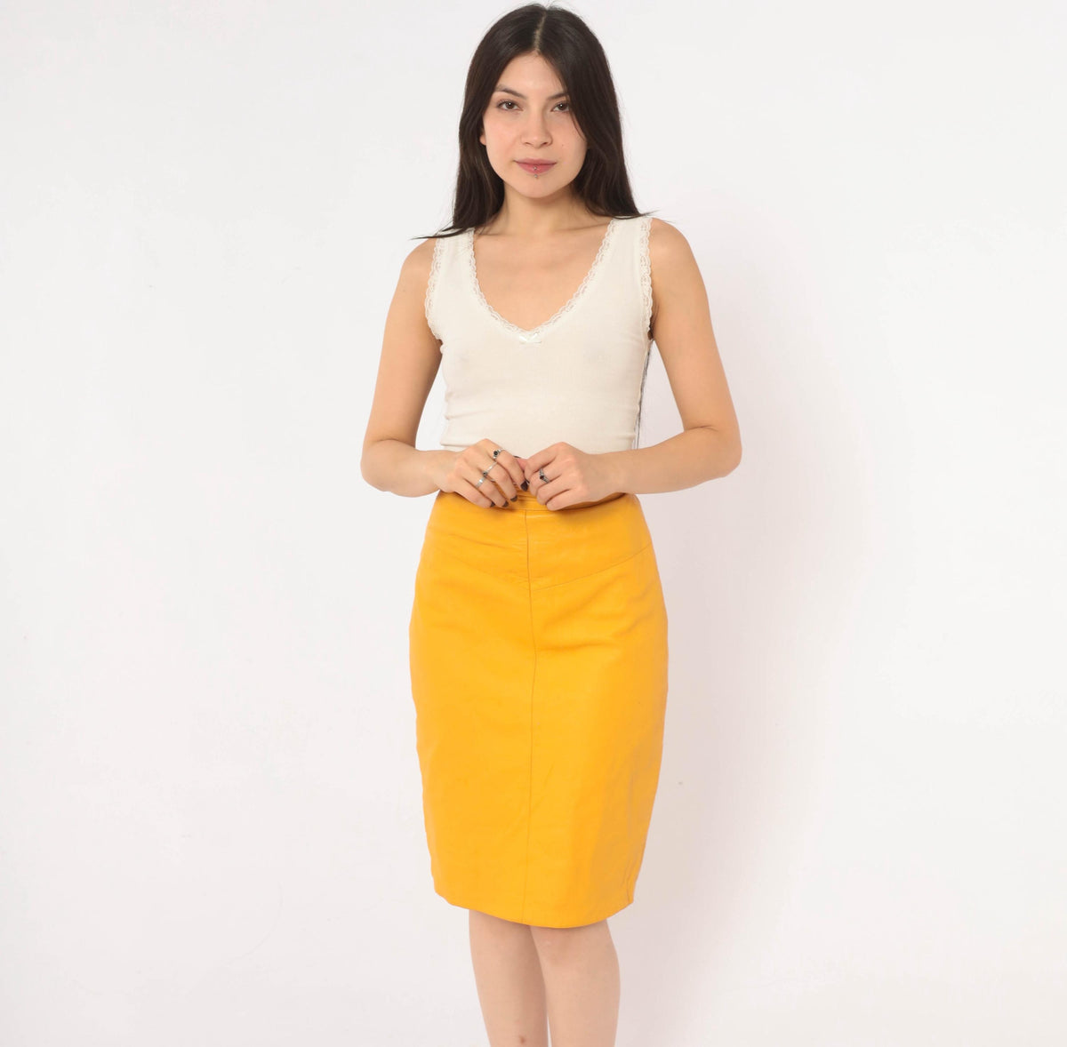90s Forenza Mustard Yellow Leather Pencil Skirt High Waist Knee Length Extra Small XS