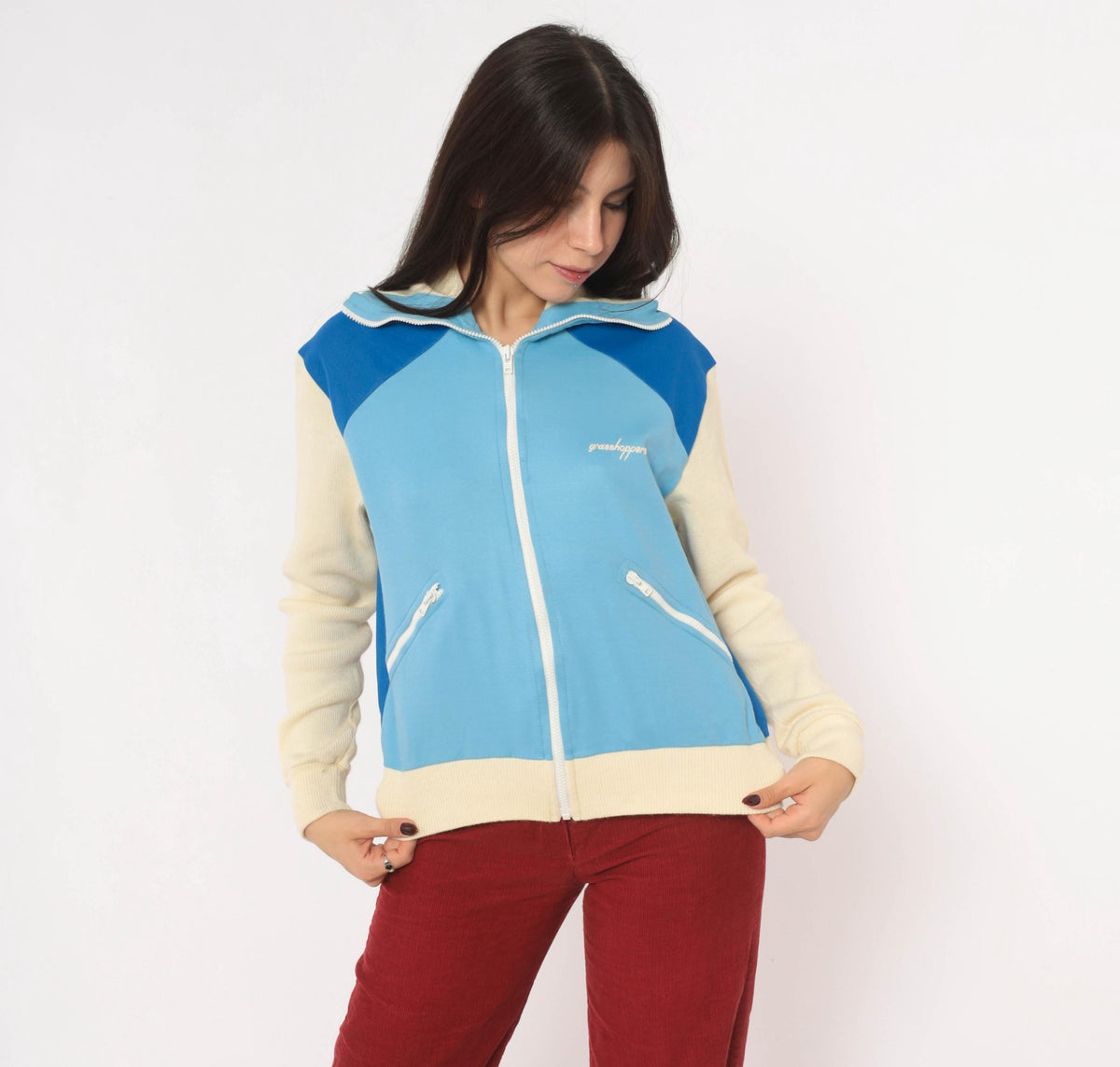 80s Grasshoppers Color Block Track Jacket Light Blue Cream Knit Small