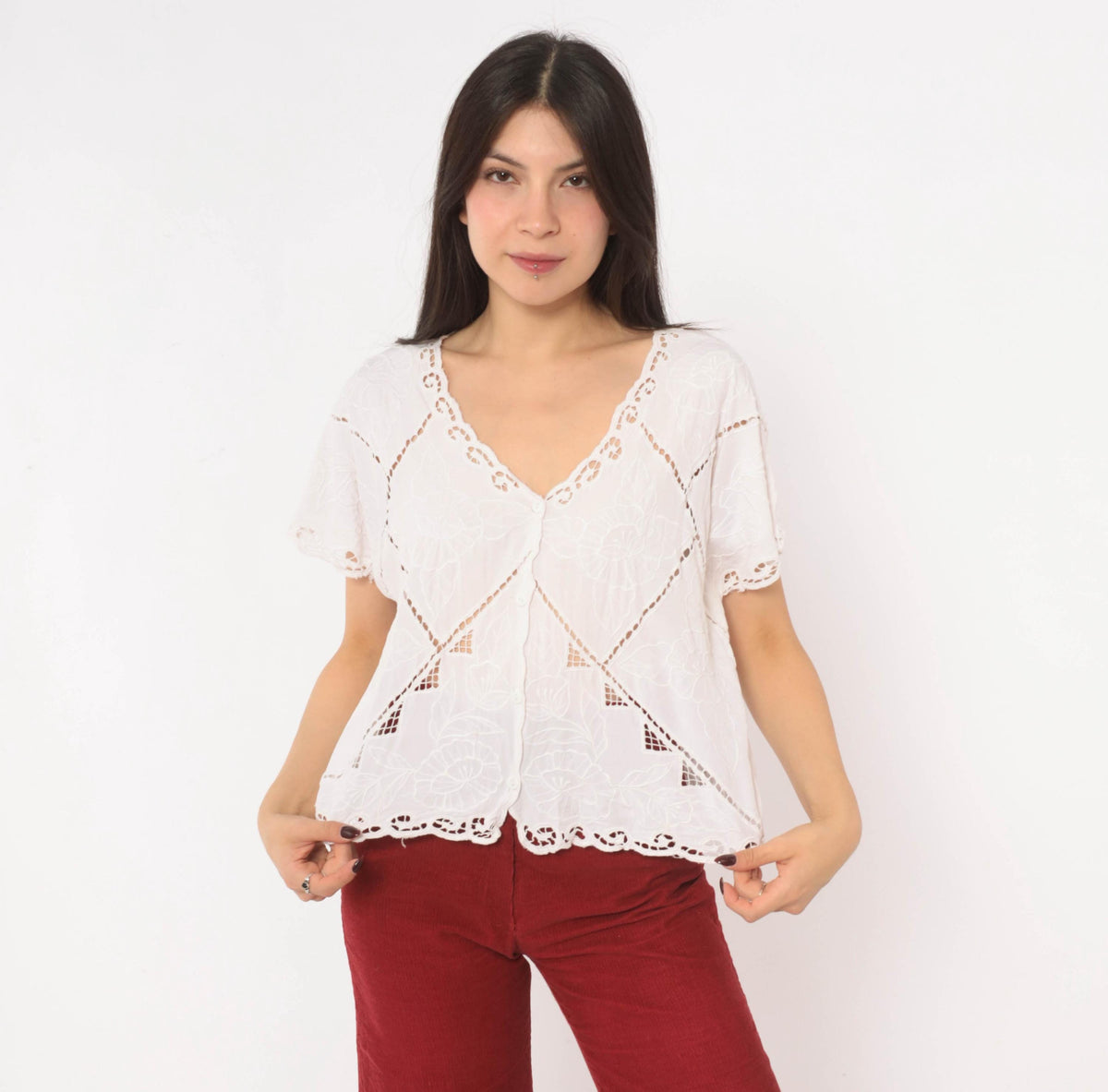 90s Hibis White Cutwork Eyelet Blouse Embroidered Floral Flutter Sleeve Large