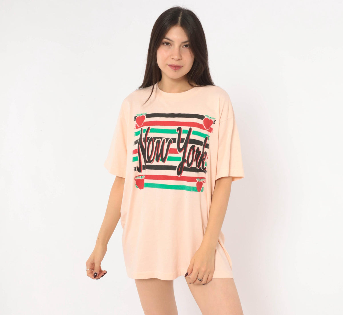 90s New York Souvenir Tee Pink Graphic Apple Stripe Crewneck Extra Large XL