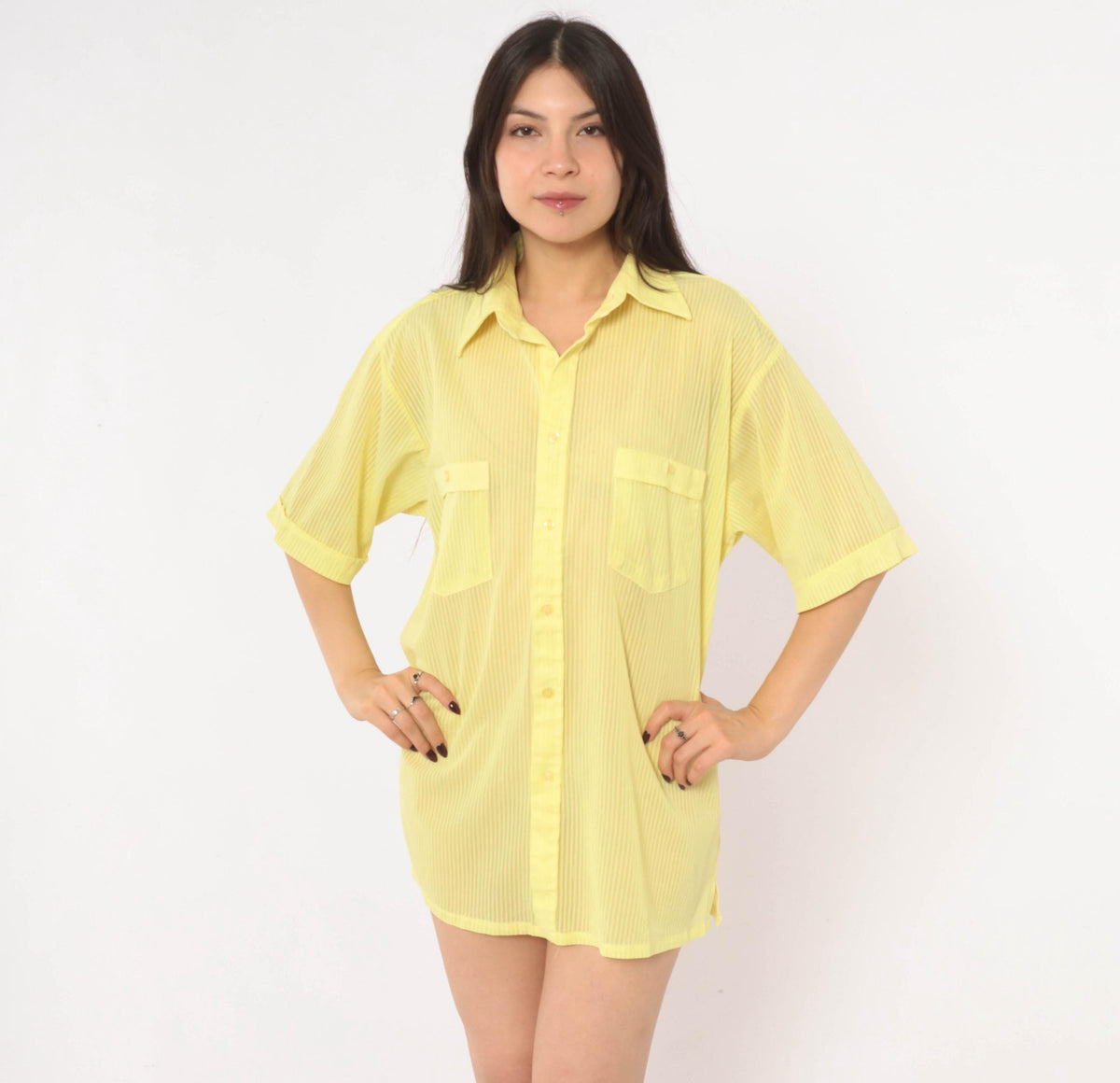 70s Jean Phillipe Yellow Striped Button-Up Shirt Pointed Collar Sheer Large