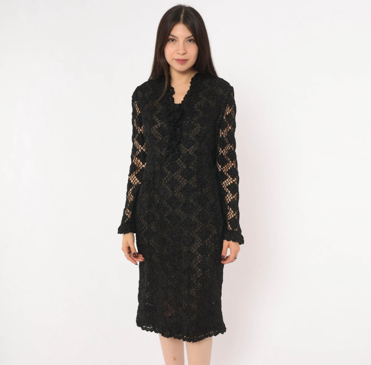 70s Black Crochet Lace Dress Metallic Sparkle Long Sleeve Knee-Length Small