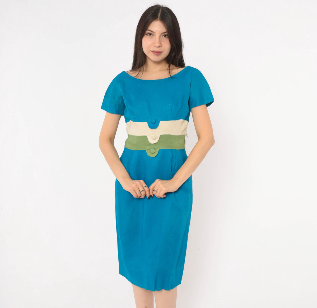 60s Teal Linen Sheath Dress Color Block Cream Olive Boat Neck Small