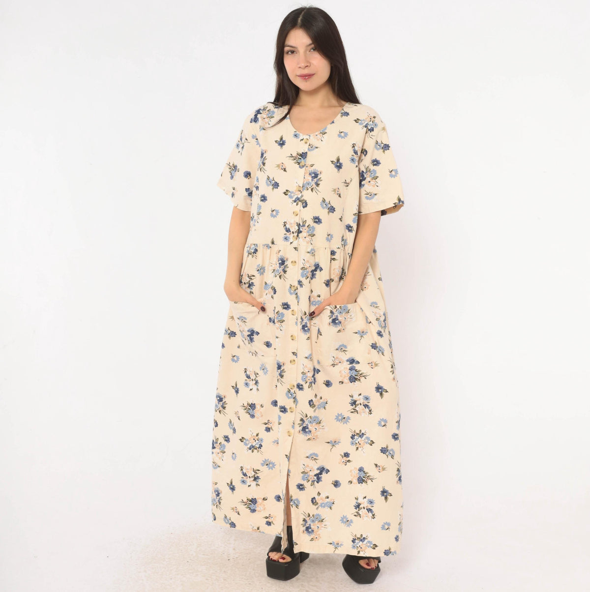 90s Studio C Floral Linen Maxi Dress Cream Navy Plus Size XXL