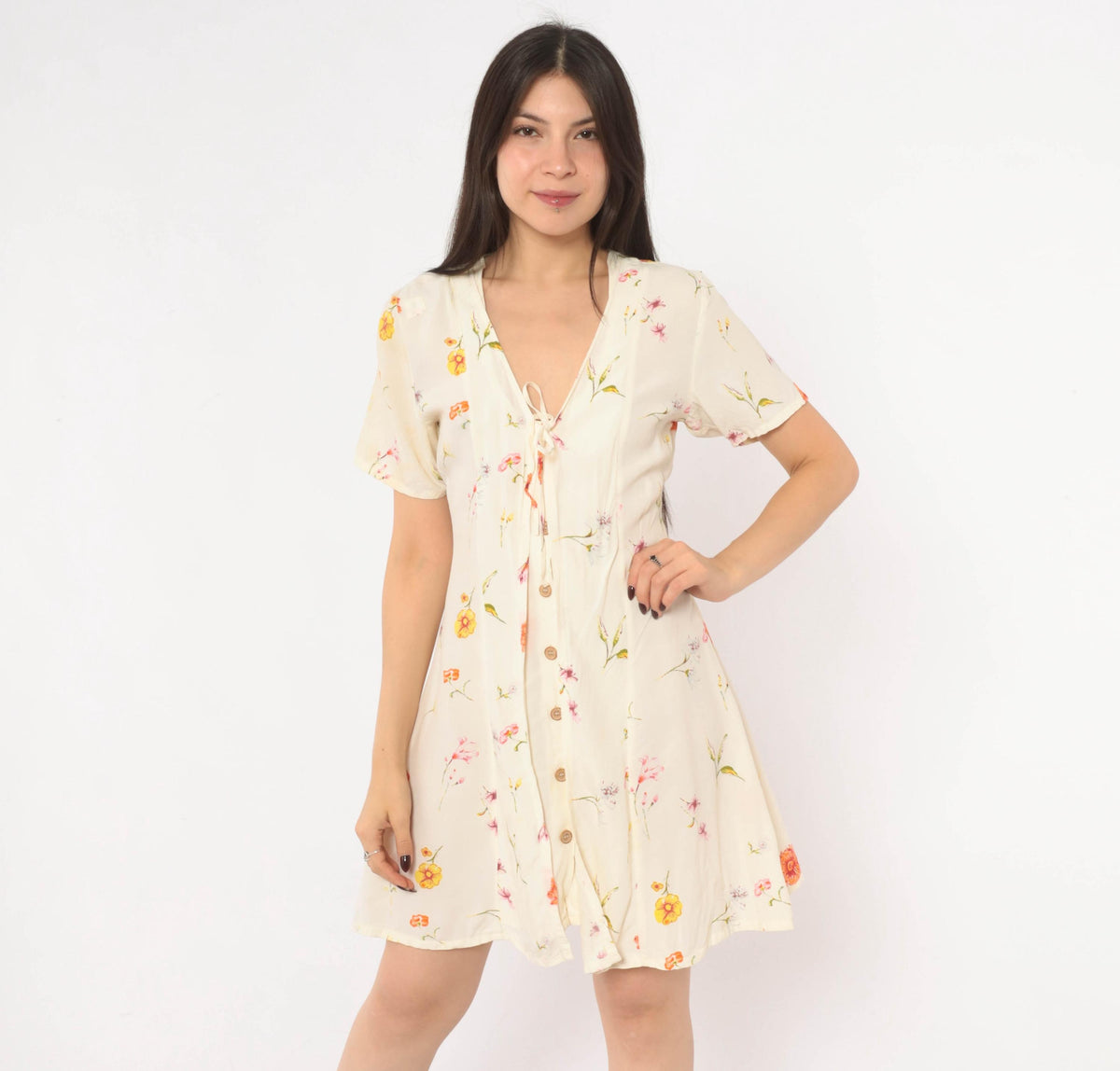 90s Wag Girls Floral Dress Cream Ditsy Print Tie Front Knee Length Extra Small XS