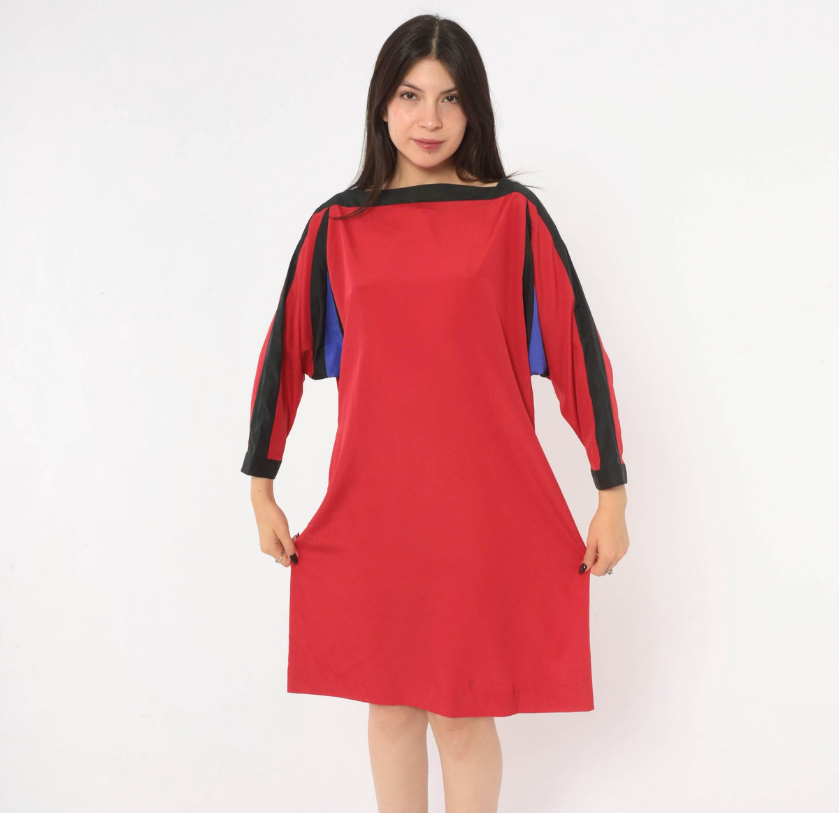 80s Red Color Block Shift Dress Batwing Dolman Sleeve Boat Neck Medium